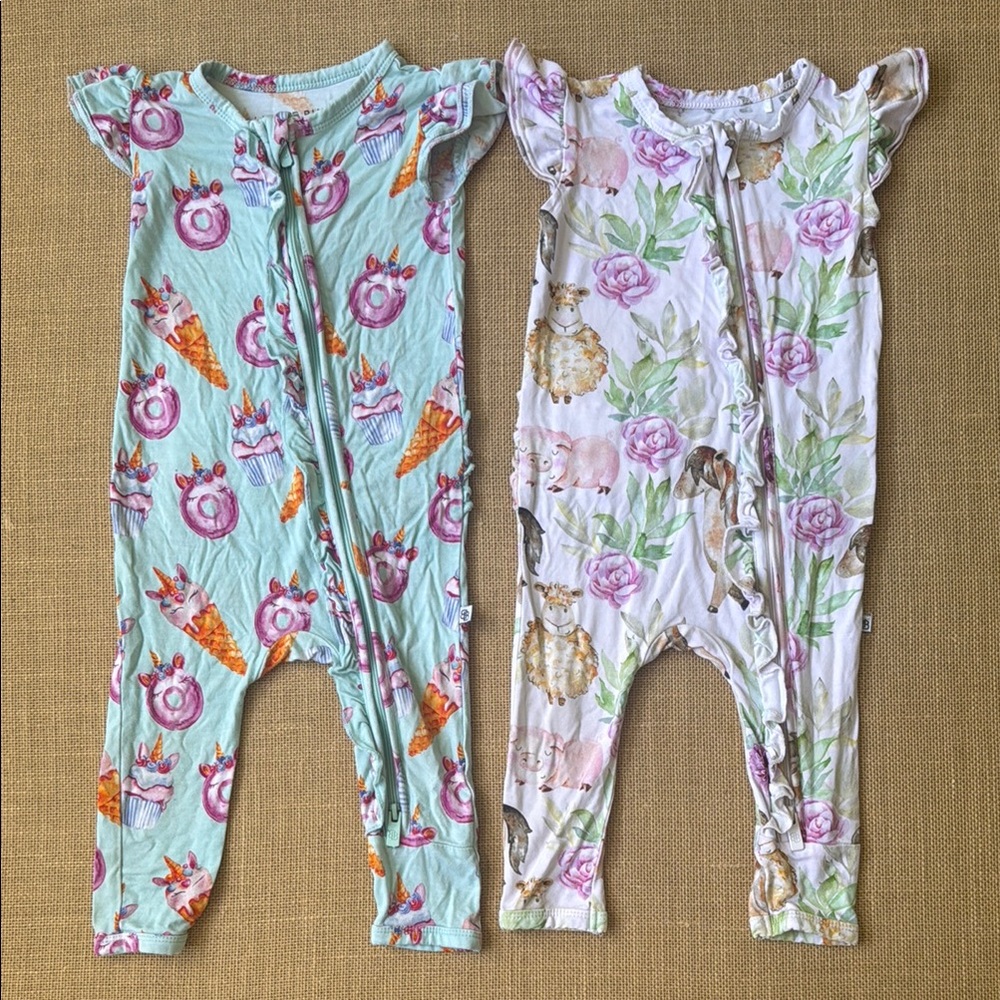 EUC Set of 2 Adorable Little Bum Bums Baby Rompers with Fun Prints